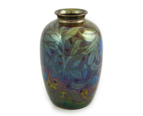 William S. Mycock for Pilkington, a Royal Lancastrian shouldered vase decorated with blue lilies on an iridescent green groun