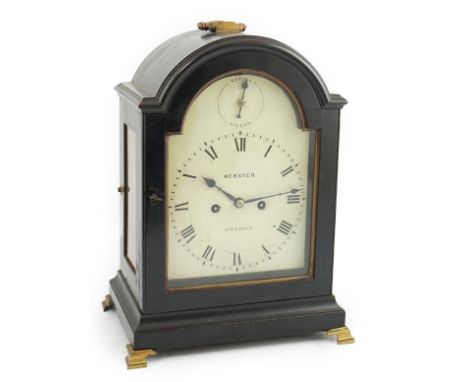 Webster of London. A George III ebonised eight day bracket clock in plain arched case, the signed painted Roman dial with str