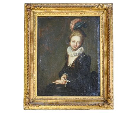 Late 18th Continental School Portrait of a seated lady wearing a black dress, lace ruff and feathered headdressoil on canvas2
