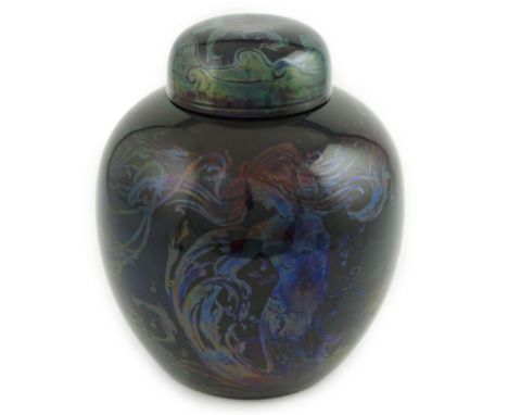 A Bernard Moore flambé and silver lustre ‘mermaid’ ginger jar and cover, by Hilda Lindop, c.1910, decorated with three mermai