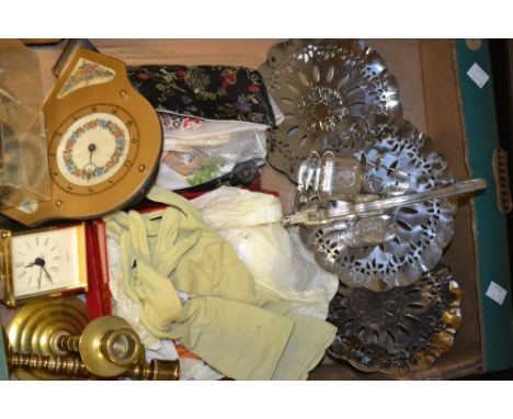 Boxes and Objects - vintage gloves; silk handkerchiefs; compacts; a chrome cake stand; a clock; etc.