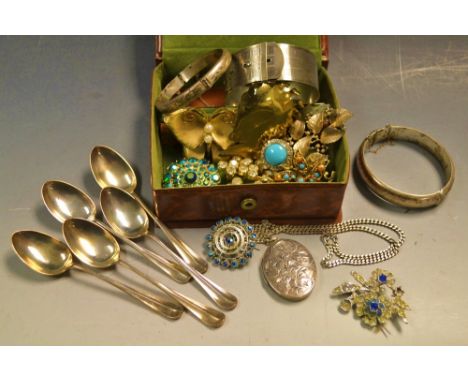 Silver and Jewellery - a sterling silver buckle bangle;  a hinge bangle, locket on chain, costume brooches;  five rat tail sp