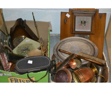 Household - A copper arts and crafts style copper biscuit barrel , jugs, tea caddy, other metal ware ; Mantle clocks ; a dres