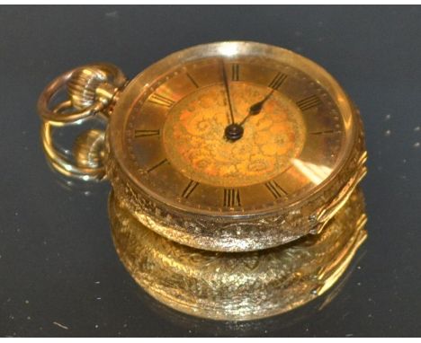 A lady's 18ct gold case open face pocketwatch, gilt dial, Roman numerals , button wind movement, 35mm dial, 30g gross