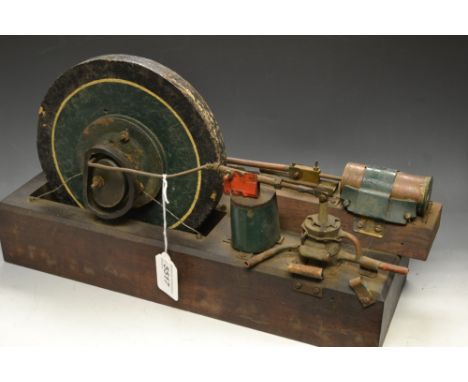 An Early 20th century scratch built stationary steam engine, wooden base, 43cm long