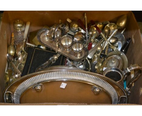 Silver plate- a Victorian three piece tea set, half gadrooned body, ebony handle, another; an oval tray; a coffee pot; cased 