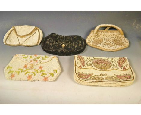 Evening Bags - a beadwork purse, applied with trailing pink flowers on a cream ground, fastening with a single button; other 