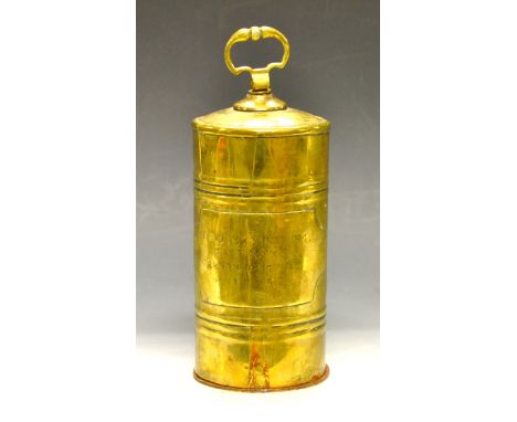 An unusual 19th century Welsh brass cylindrical miner's snuff or tobacco box, inscribed Mr Robert Hughes, Caigeler, Carnarvon
