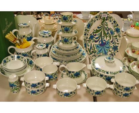 A Staffordshire Midwinter Spanish Garden pattern dinner, coffee and tea service, comprising vegetable dish and cover, salad b