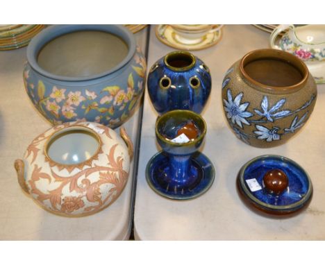 Denby pottery- a Danesby ware chamber stick; a vase, a pipe knocker; a Langley incised blue floral decorated vase etc. (6) 