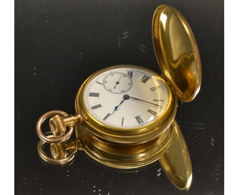 A keystone gold plated Hunter case pocket watch, white dial, Roman numeral, subsidary seconds, button wind movement