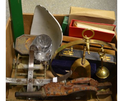 A brass companion set; a set of bellows; a weighing scale; cased flatware; an iron; a dressmakers maker; a slide rule; a case