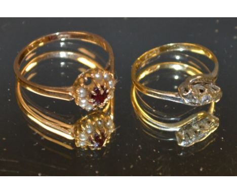 An 18ct gold, seed pearl and ruby ring; an 18ct gold and diamond chipp ring (2) (4.5g)