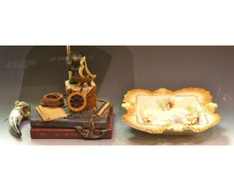 A horn snuff flask; novelty naval table lamp; a Royal Court ware dish (3) 