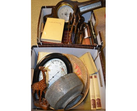 Boxes and Objects - a Persian circular footed bowl, decorated with ornate foliage; an aneroid barometer; tribal art wooden fi