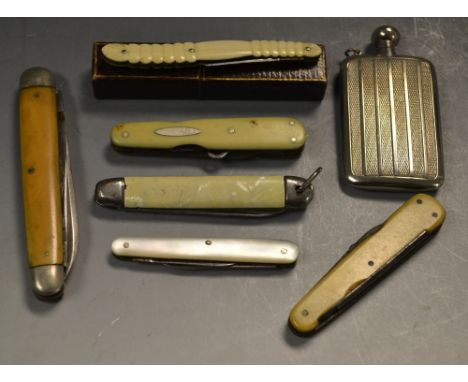 Gentleman's items- a 19th century Rodgers canvas ivory handle folding pocket knife, ridged handle, signed to blade; other uti