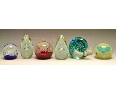 Paperweights - a wedgwood blue and green snail; a Caithness morning dew; others (6)