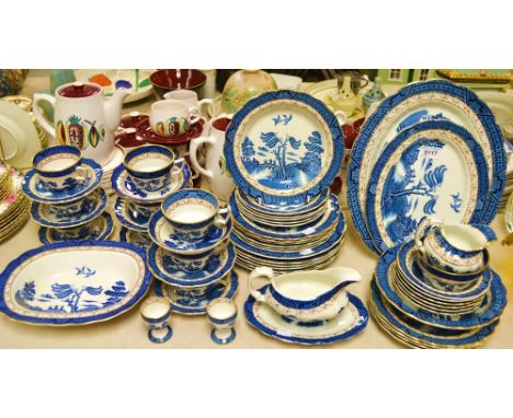 A Booth's Real Old Willow pattern dinner and tea service, sauce boat on stand, vegetable dish, fruit set; qty