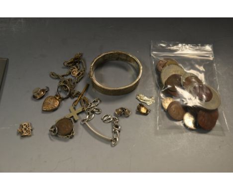 Jewellery- a silver hinge bangle, a bracelet; charms etc. qty coins. 