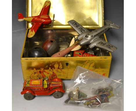 Juvenallia - a German tin plate steam roller; similar fighter plane; motor car; two Lehmann Gnom tin plate balloons; figures;