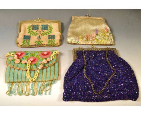 Evening Bags - an Edwardian beadwork bag, decorated in stylised geometric blue flowers, their green leafy stems arranged on a