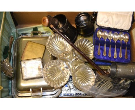 Metalware- a white metal trinket box, four feet, naturalistically moulded, the top embossed with a scene of two lovers; a sou