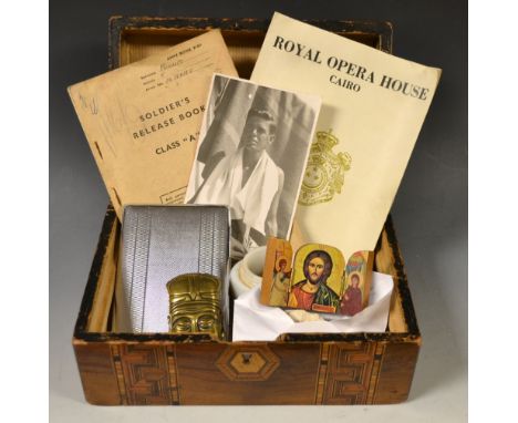 A Victorian Tunbridge inlaid sewing box containing a brass novelty Chinese Deity vesta case; a chrome cigarette case, militar