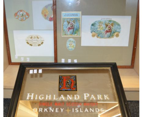 A bar mirror advertising Highland Park Scotch Whisky; framed cigar labels (3)