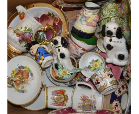 Ceramics- Limoges Rehausse moon plates, Royal Winton chintz cups and saucers, Coalport, a single rose, Staffordshire dogs etc