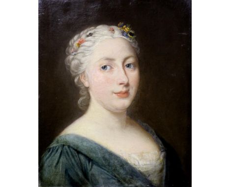 FOLLOWER OF LOUIS MICHEL VAN LOO (1707-1771) PORTRAIT OF A LADY Bust length, wearing a blue dress, flowers in her hair, oil o