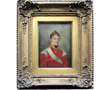 ENGLISH SCHOOL, Circa 1820 PORTRAIT OF LIEUTENANT KIRK Quarter length, wearing a red tunic and the sash of the 27th Regiment 
