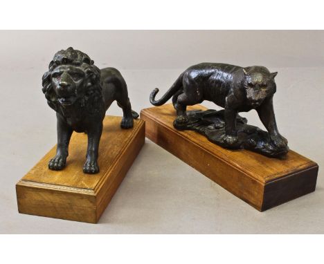 A BRONZE SCULPTURE OF A PROWLING LION AND ANOTHER. the lion with patinated finish standing on a naturalistic base and mahogan