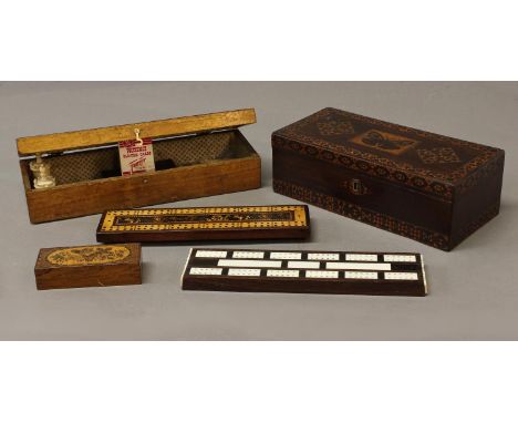 A TUNBRIDGE WARE BOX AND SIMILAR CRIBBAGE BOARDS ETC. the rosewood box of rectangular form, the top decorated with a central 