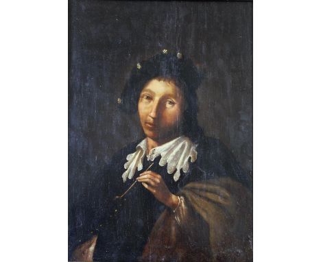 MANNER OF RICHARD BRAKENBURGH (1650-1702) MAN WITH A CLAY PIPE Oil on panel 36.5 x 26cm. ++ The panel with two brace batons v