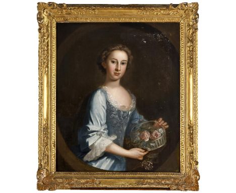 FOLLOWER OF FRANCIS HAYMAN , RA (1778-1776) PORTRAIT OF A GIRL Half length, wearing a blue dress with lace bodice and sleeves