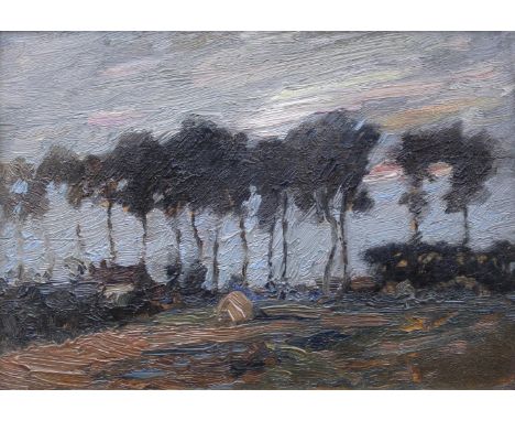 MARK SENIOR (1864-1927) A LINE OF POPLARS BY A FARMHOUSE Indistinctly initialled M.. verso, oil on panel 14 x 20.5cm. ++ Very