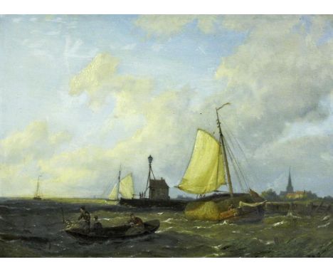 PIETER CHRISTIAN DOMMERSEN (1833-1918) A HAY BARGE AND SMALL SAILING CRAFT OFF A JETTY Signed with initials and dated 79, oil