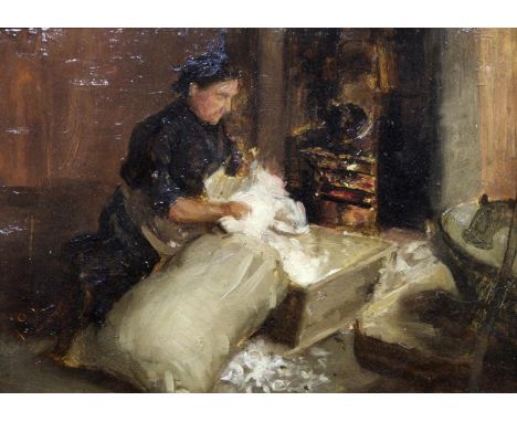 FOLLOWER OF FRANK GASCOIGNE HEATH (1873-1931) FILLING THE BOLSTER Oil sketch on panel 22.5 x 31cm. ++ Good condition