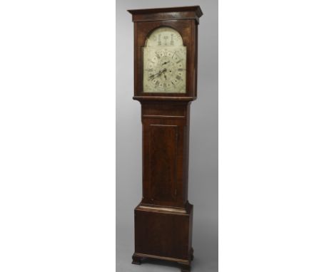 A MASONIC MAHOGANY LONGCASE CLOCK BY MUIR OF GLASGOW,the steel dial with Roman numerals and subsidiary date and seconds dials