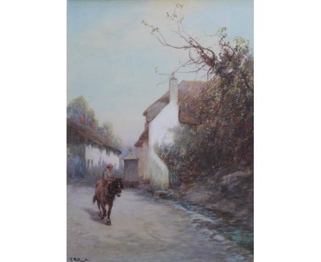 JOHN WHITE (1851-1933) FARMBOY ON A HORSE ON A VILLAGE LANE Signed, watercolour and bodycolour 36.5 x 26.5cm. ++ A little lig