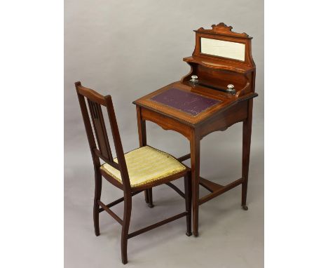 AN EDWARDIAN 'SHERATON REVIVAL' LADIE'S DESK AND CHAIR, the desk with a raised back incorporating a rectangular bevel edged m