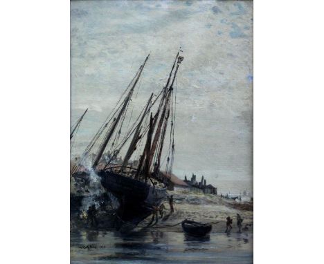 WILLIAM LIONEL WYLLIE, RA (1851-1931)TARRING A BOAT, BOULOGNESigned and dated 1872, oil on paper laid on panel24.5 x 17cm.* R