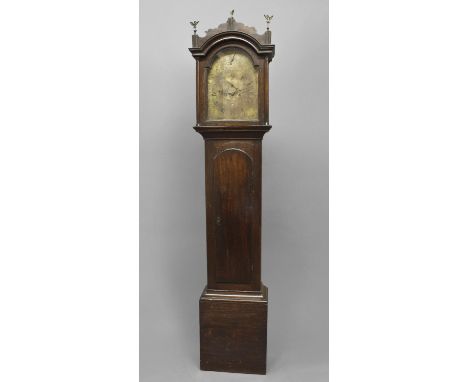 A GEORGE III OAK LONGCASE CLOCK BY EDWARD BLOWERS, with an arch topped brass dial with Roman numerals and subsidiary seconds 