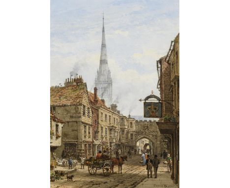 LOUISE RAYNER (1832-1924) HIGH STREET GATE, LOOKING TOWARDS THE CATHEDRAL CLOSE, SALISBURY Signed, watercolour and pencil hei
