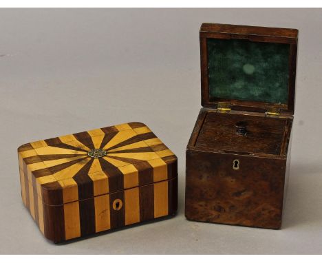 A NINETEENTH CENTURY FRENCH JEWELLERY OR STATIONERY BOX AND ANOTHER, The French box with radiating alternating rosewood and s