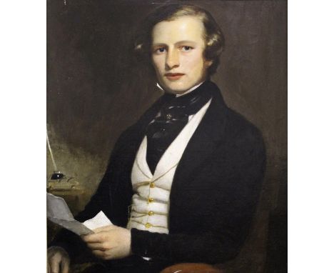 FOLLOWER OF WILLIAM DANIELS (1813-1880) PORTRAIT OF A YOUNG GENTLEMAN Seated half length by a desk, wearing a black coat and 