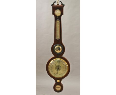 A LATE GEORGE III WHEEL BAROMETER BY P.PEDRENE, the mahogany frame with satinwood stringing with a dry/damp gauge above a the