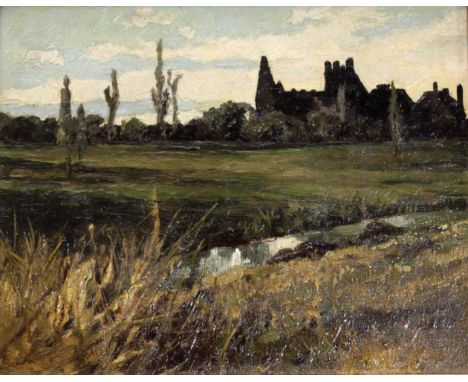 FOLLOWER OF CHARLES FRANCOIS DAUBIGNY (1817-1878) FIELDS ON THE OUTSKIRTS OF A VILLAGE Oil on canvas 17.5 x 22cm. ++ Slight c