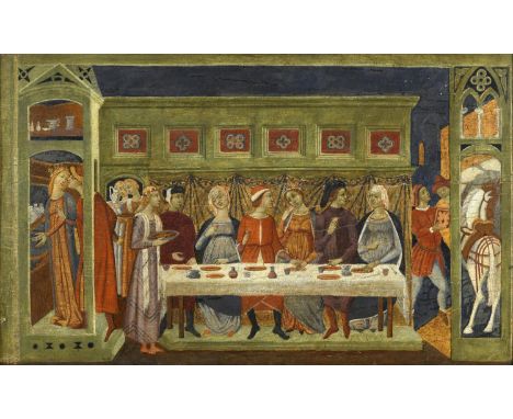 TUSCAN SCHOOL, 15th/16th CENTURY A WEDDING FEAST Tempera (?) on panel, probably a panel from a cassone 32 x 53.5cm. Provenanc