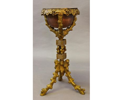 A VICTORIAN NATURALISTIC JARDINERE, with a round copper basin on a vine leaf and grape carved freeze and rustic column with t
